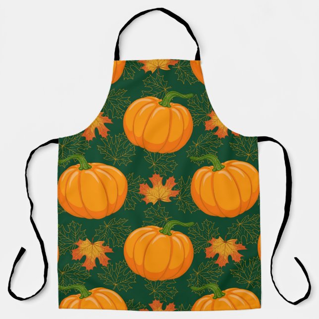 Orange Pumpkin Autumn Leaves Pattern Apron (Front)