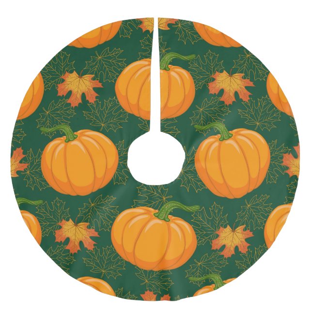 Orange Pumpkin Autumn Leaves Pattern Brushed Polyester Tree Skirt (Front)