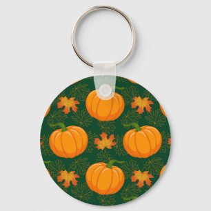 Orange Pumpkin Autumn Leaves Pattern Key Ring