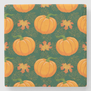 Orange Pumpkin Autumn Leaves Pattern Stone Coaster