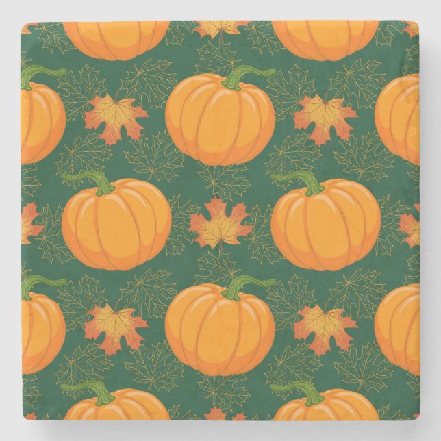 Orange Pumpkin Autumn Leaves Pattern Stone Coaster (Front)