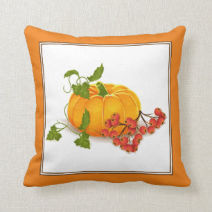Orange pumpkin, berries, leaves fall Thanksgiving Cushion