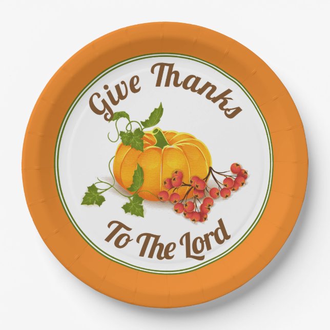 Orange pumpkin, berries, leaves fall Thanksgiving Paper Plate (Front)