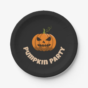 Orange Pumpkin Black Paper Plate With Party Text