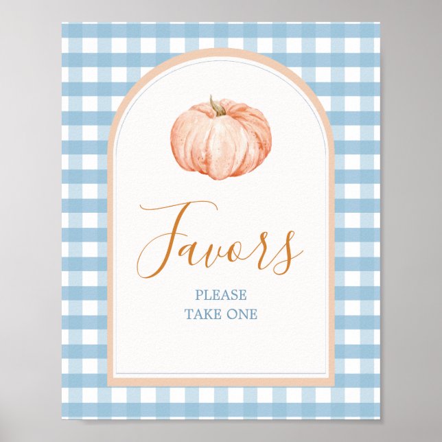 Orange Pumpkin Boho Blue Gingham Favours Sign (Front)