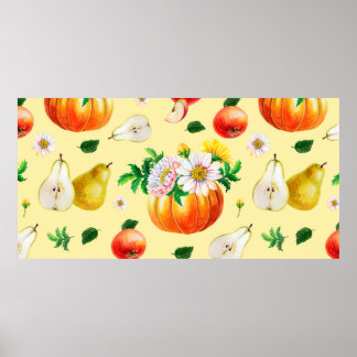 Orange pumpkin, chrysanthemum, pears, red apples o poster