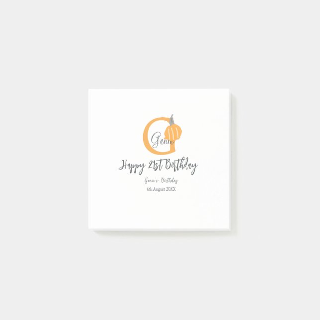 Orange pumpkin fall birthday 21st grey pastel fall post-it notes (Front)