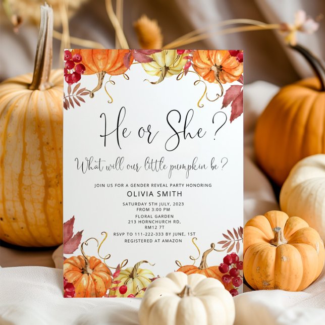 Orange pumpkin fall gender reveal invitation (Creator Uploaded)