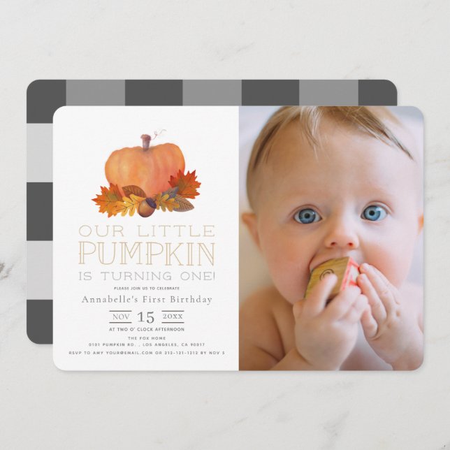 Orange Pumpkin Fall Leaves 1st Birthday Photo Invitation (Front/Back)