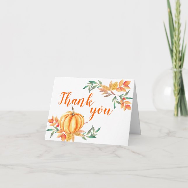 Orange Pumpkin Fall Watercolor Leaves Thank You Card (Front)