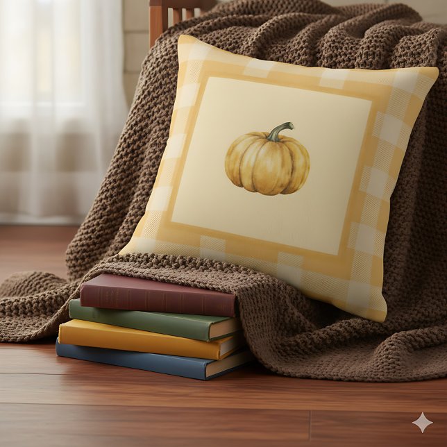 Orange Pumpkin Farmhouse Cute Fall Accent Cushion (Rustic plaid pillow with pumpkin - perfect orange farmhouse decor.)