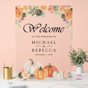 Orange Pumpkin Floral Fall Wedding Welcome Acrylic Sign