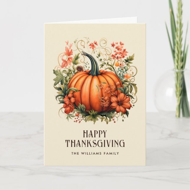 Orange Pumpkin Floral Photo Happy Thanksgiving Card (Front)