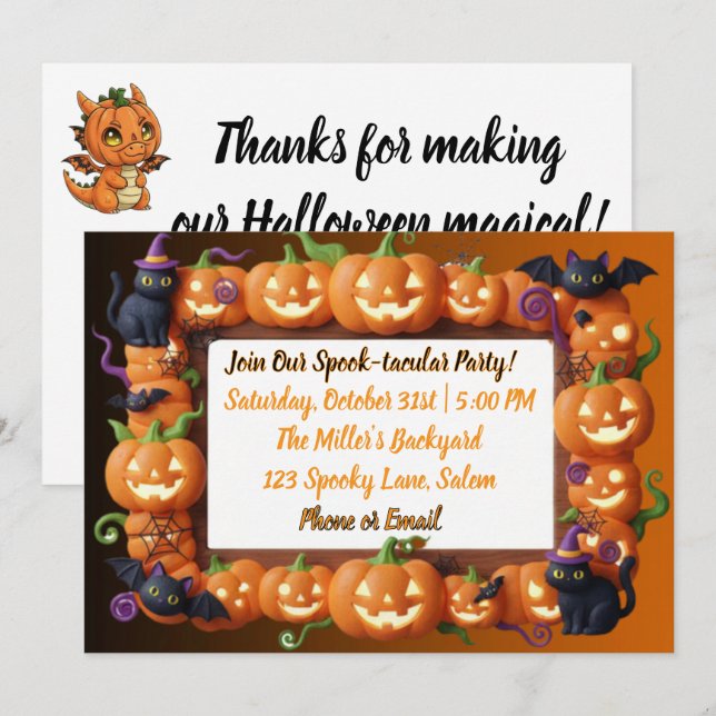 Orange Pumpkin Frame Black Cat Halloween Party Holiday Card (Front/Back)