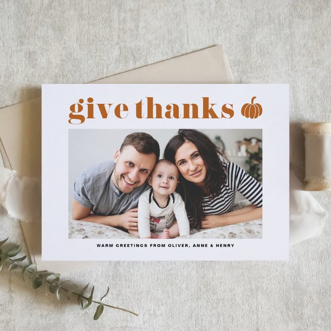 Orange Pumpkin Give Thanks Typography Thanksgiving Holiday Card (Creator Uploaded)