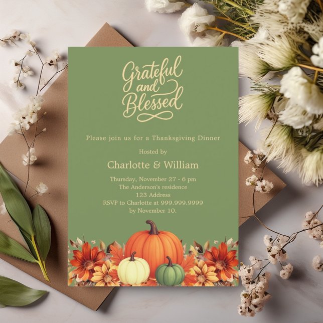 Orange pumpkin green flowers Thanksgiving Dinner Invitation (Creator Uploaded)