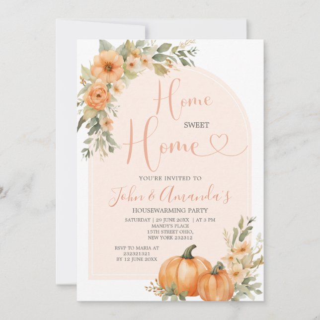 Orange Pumpkin Greenery Floral Housewarming Party Invitation (Front)