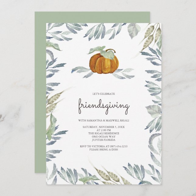 Orange Pumpkin Greenery Friendsgiving Invitation (Front/Back)