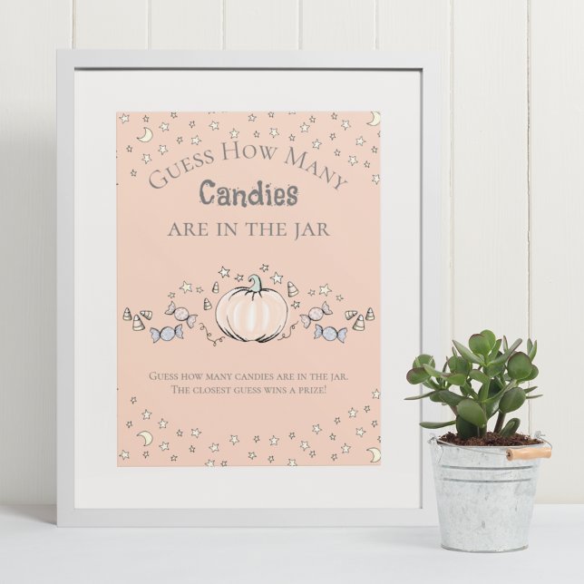 Orange Pumpkin How Many Candies Baby Shower Game Poster (Elegant & Whimsical Fall Baby Shower Game Poster. Frame Not Included. Hand-Drawn Pumpkin Drawing.)