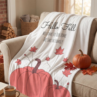 Orange Pumpkin Maple Leaf Hello Fall Family Name Fleece Blanket