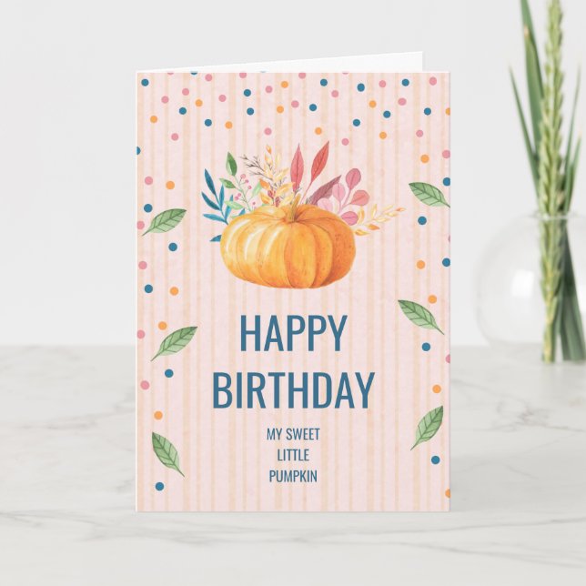 Orange Pumpkin on Pink and Gold Stripes Birthday Card (Front)