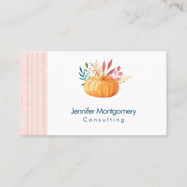 Orange Pumpkin on Pink and Gold Stripes Business Card (Front)