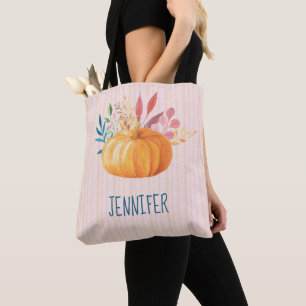 Orange Pumpkin on Pink and Gold Stripes Custom Tote Bag
