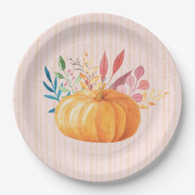 Orange Pumpkin on Pink and Gold Stripes Paper Plate (Front)