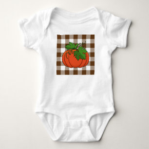 Orange Pumpkin on White Brown Checkered Pattern Baby Bodysuit