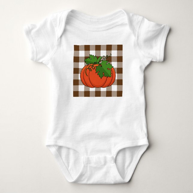 Orange Pumpkin on White Brown Checkered Pattern Baby Bodysuit (Front)