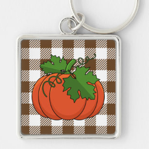 Orange Pumpkin on White Brown Checkered Pattern Key Ring