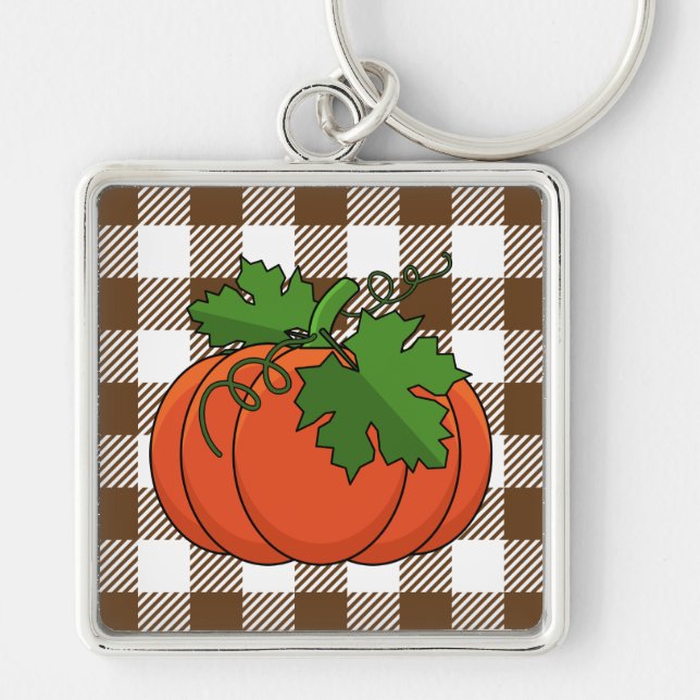 Orange Pumpkin on White Brown Checkered Pattern Key Ring (Front)