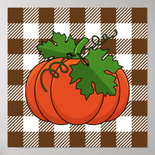Orange Pumpkin on White Brown Checkered Pattern Poster