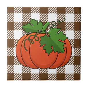 Orange Pumpkin on White Brown Checkered Pattern Tile