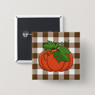 Orange Pumpkin on White Brown Chequered Pattern 15 Cm Square Badge
