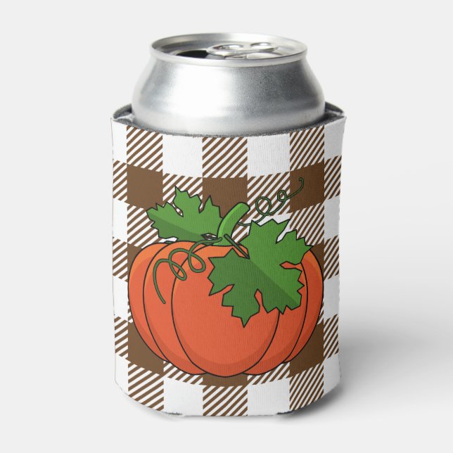Orange Pumpkin on White Brown Chequered Pattern Can Cooler (Can Front)
