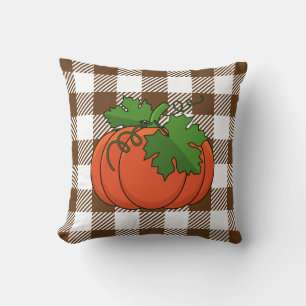 Orange Pumpkin on White Brown Chequered Pattern Cushion