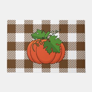 Orange Pumpkin on White Brown Chequered Pattern Doormat