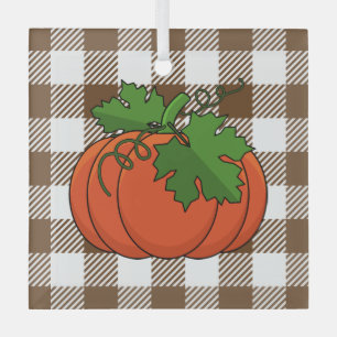 Orange Pumpkin on White Brown Chequered Pattern Glass Tree Decoration