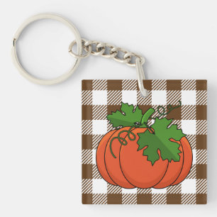 Orange Pumpkin on White Brown Chequered Pattern Key Ring