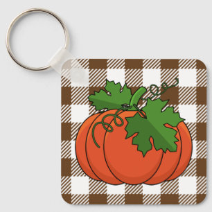 Orange Pumpkin on White Brown Chequered Pattern Key Ring