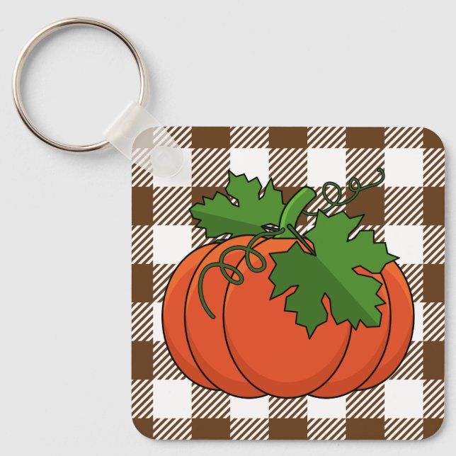 Orange Pumpkin on White Brown Chequered Pattern Key Ring (Front)