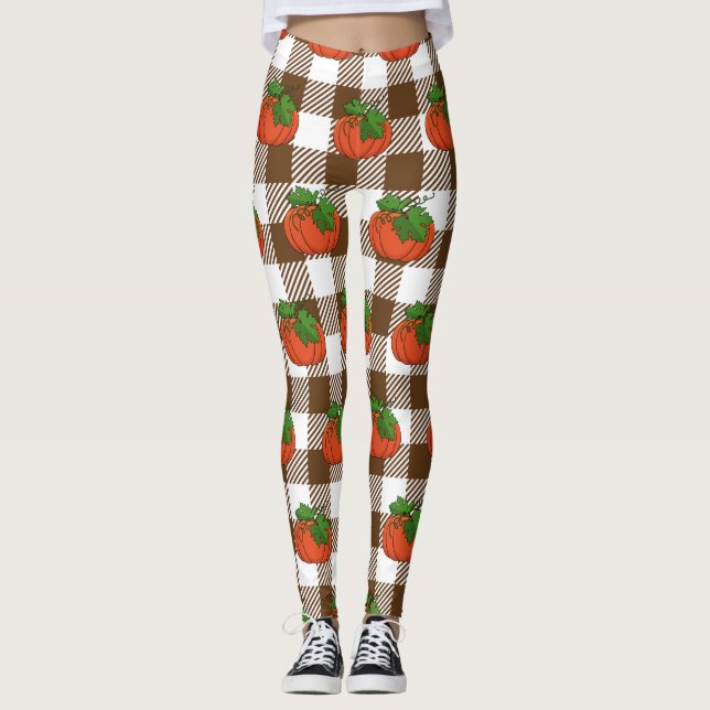 Orange Pumpkin on White Brown Chequered Pattern Leggings (Front)