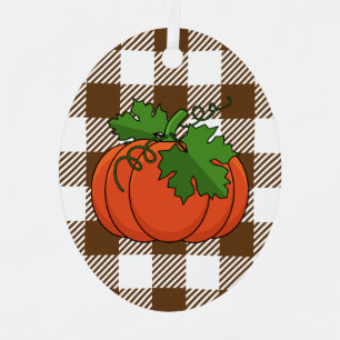 Orange Pumpkin on White Brown Chequered Pattern Metal Tree Decoration