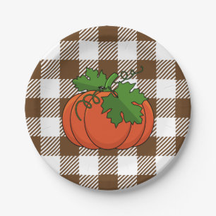 Orange Pumpkin on White Brown Chequered Pattern Paper Plate
