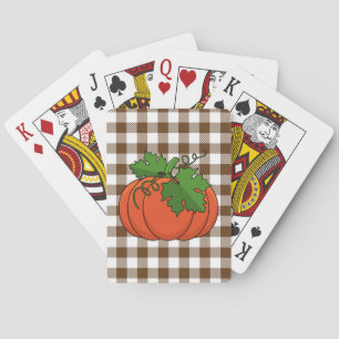 Orange Pumpkin on White Brown Chequered Pattern Playing Cards