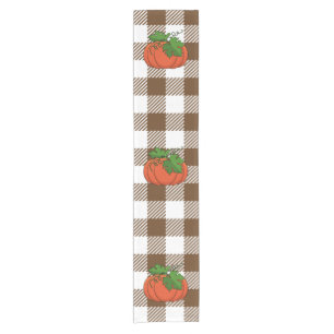 Orange Pumpkin on White Brown Chequered Pattern Short Table Runner