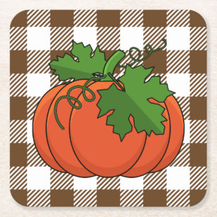 Orange Pumpkin on White Brown Chequered Pattern Square Paper Coaster