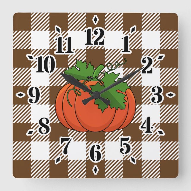 Orange Pumpkin on White Brown Chequered Pattern Square Wall Clock (Front)