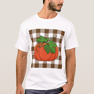 Orange Pumpkin on White Brown Chequered Pattern T-Shirt